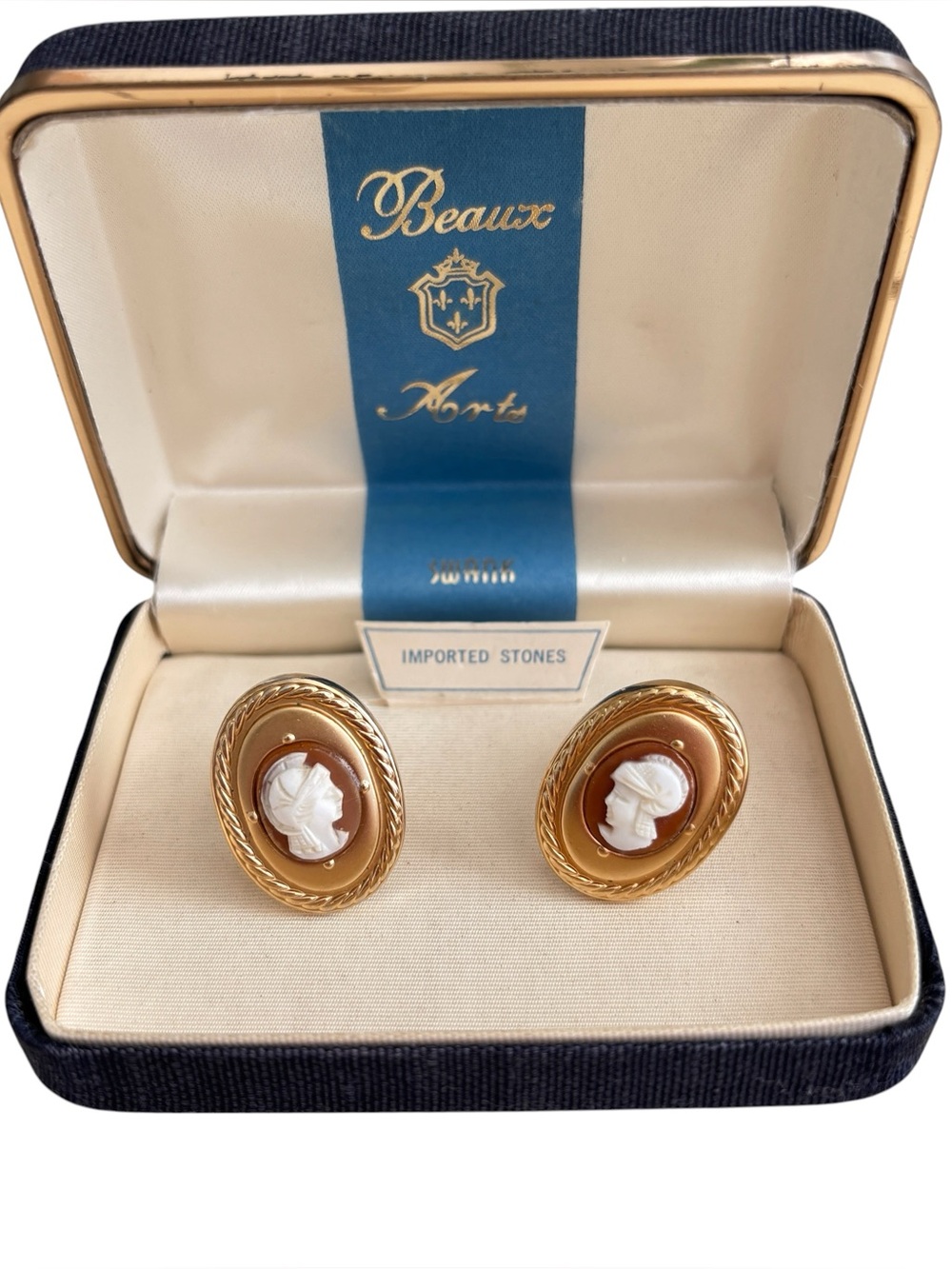 Vintage Beaux Arts Swank Roman Soldier Cameo Cufflinks Imported Stones